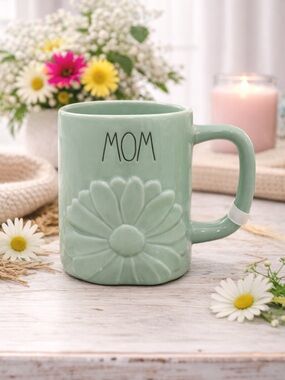 NEW Rae Dunn Sage Green MOM Mug Embossed Daisy Floral Coffee Mug Mother’s Day